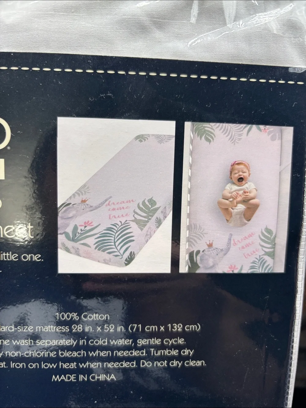 Nono Photo Op Fitted 100% Cotton Crib Sheet - White with Gold Crown Elephant